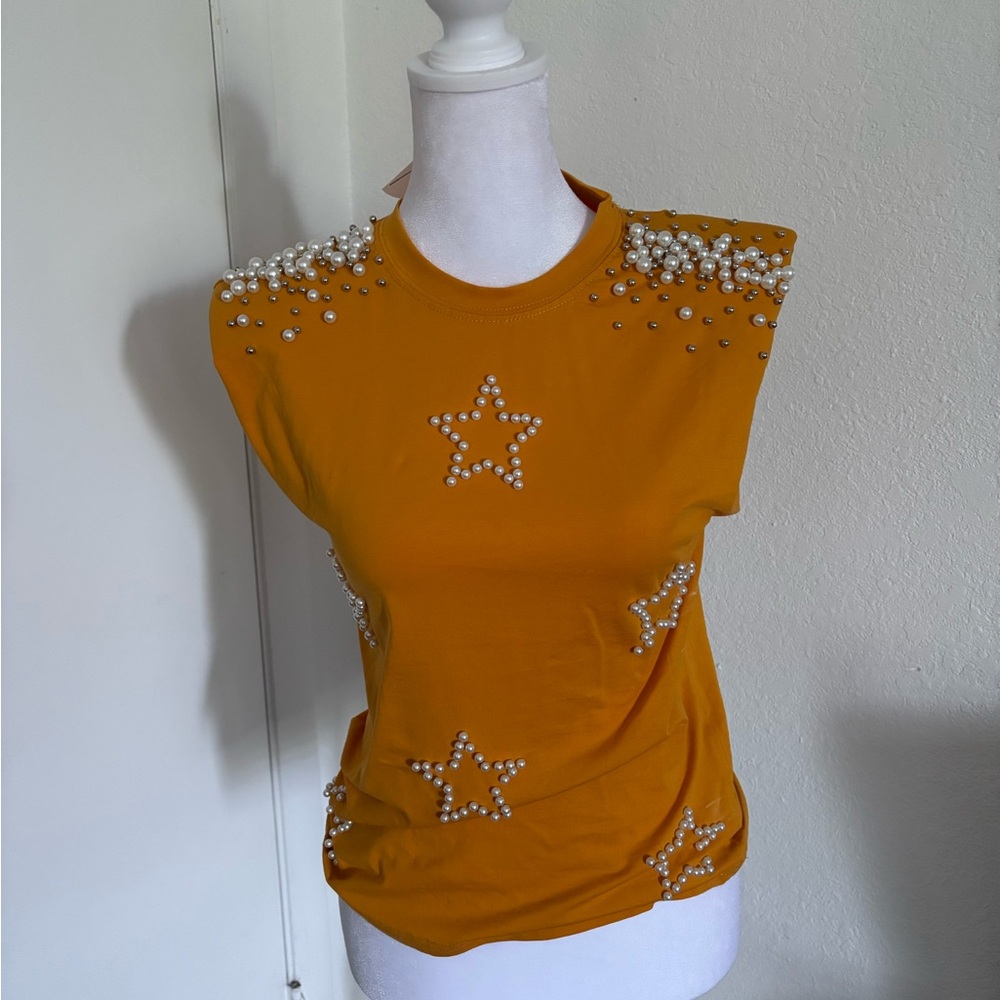 Pearl Embellished Mustard Star Tee